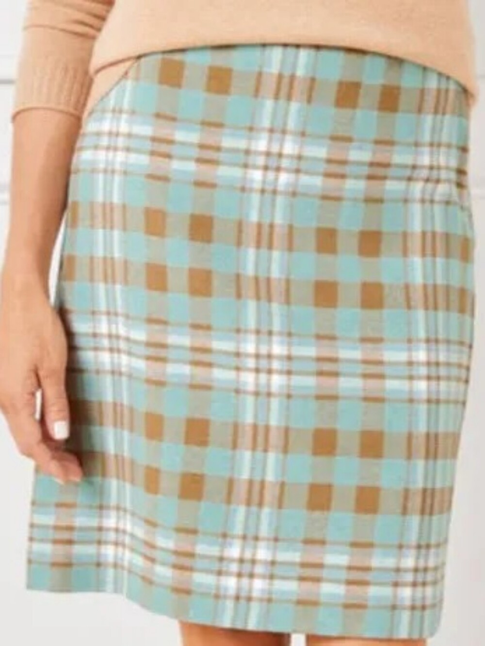 NWT! Talbots Light Green & Tan Plaid Tartan Knee Length Skirt, Size 6